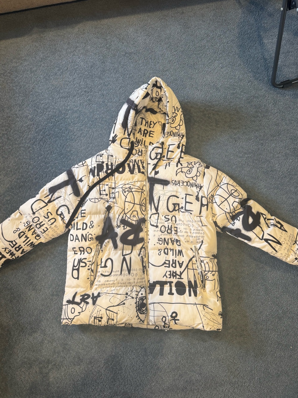 Adika White Hooded Puffer Jacket with Black Graffiti Print